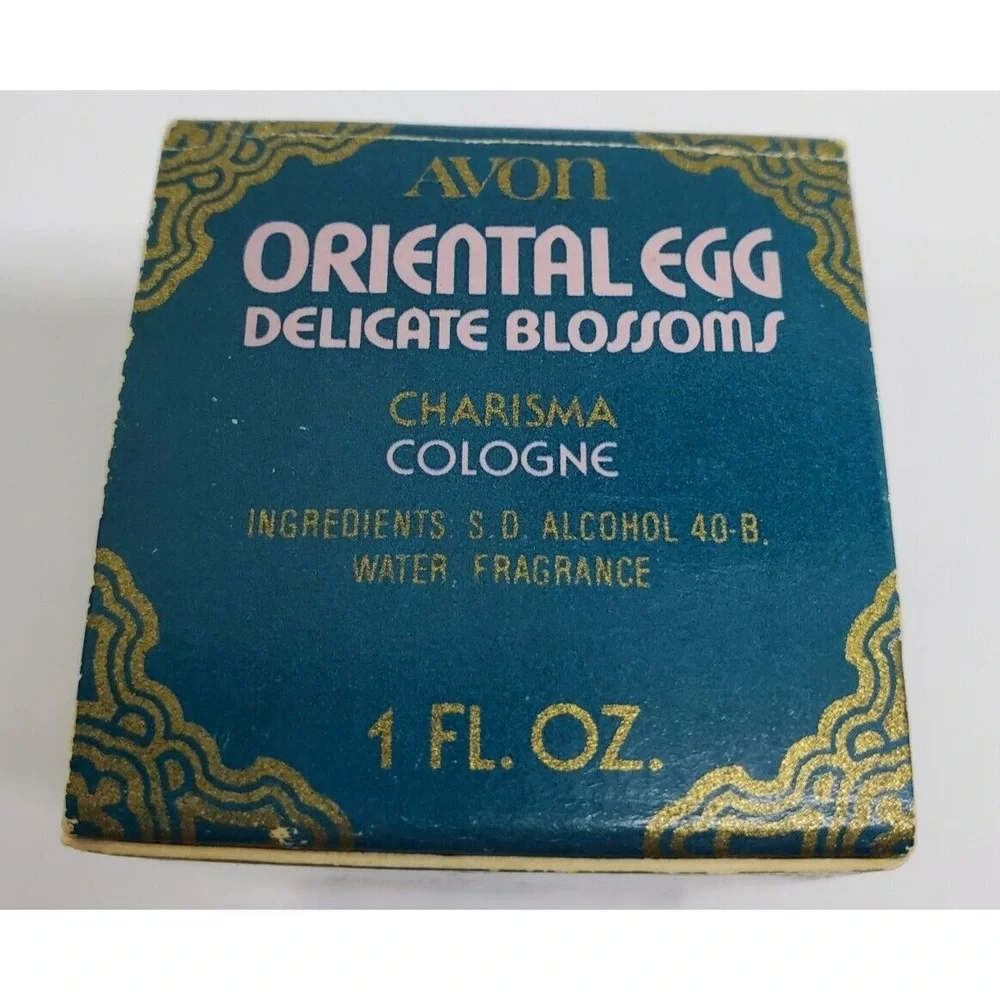 Vtg Avon Oriental Egg Delicate Blossoms Charisma Empty Perfume Bottle and Box‎